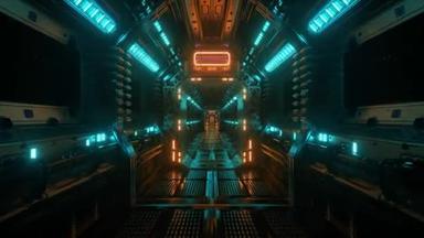飞入宇宙飞船隧道，科幻宇宙飞船走廊。技术名称和背景的未来主义技术。网络流量图形，速度。3D渲染。4k无缝循环动画
